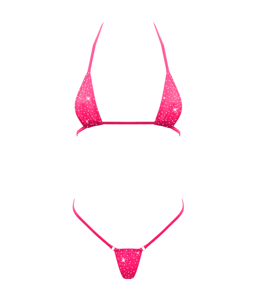 Love In Leather Rhinestone Embellished Micro Bikini OS Revealing Design - Hot Pink - G-Strings, Panties and Shorts