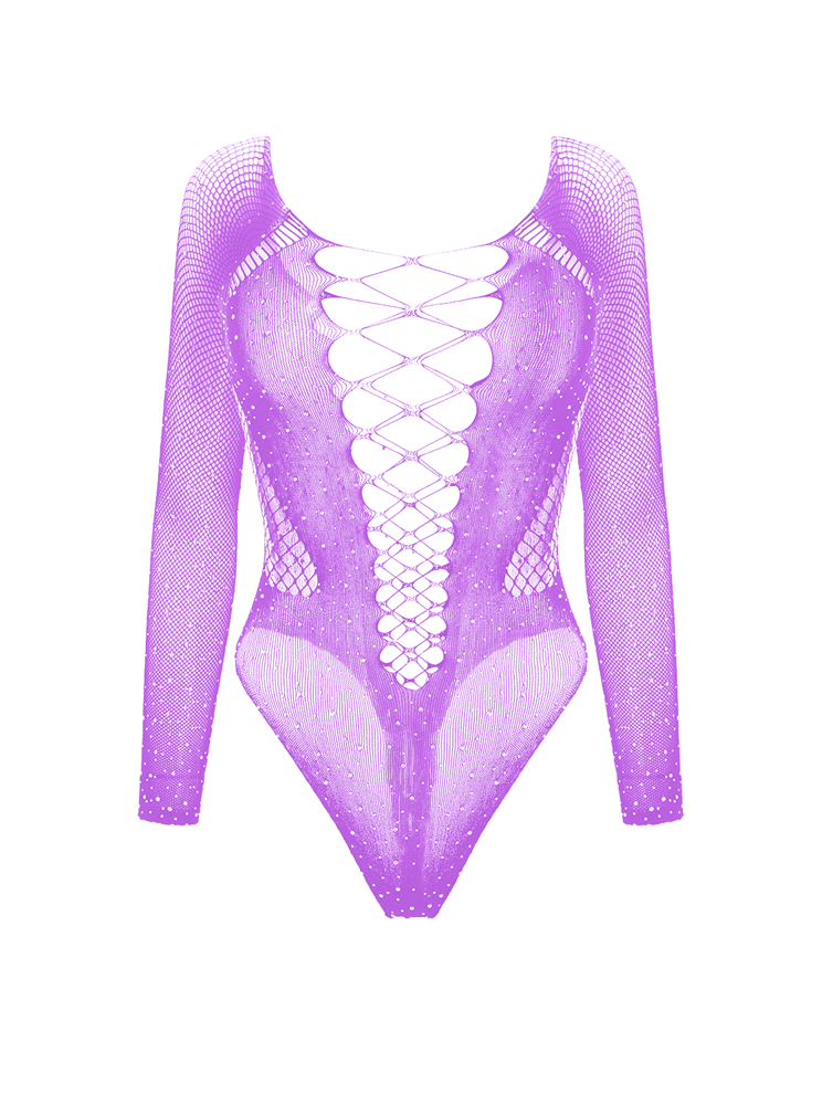 Love In Leather Sexy Extreme Plunge Rhinestone Bodysuits with Rhinestones - Lilac - Teddies and Bodysuits