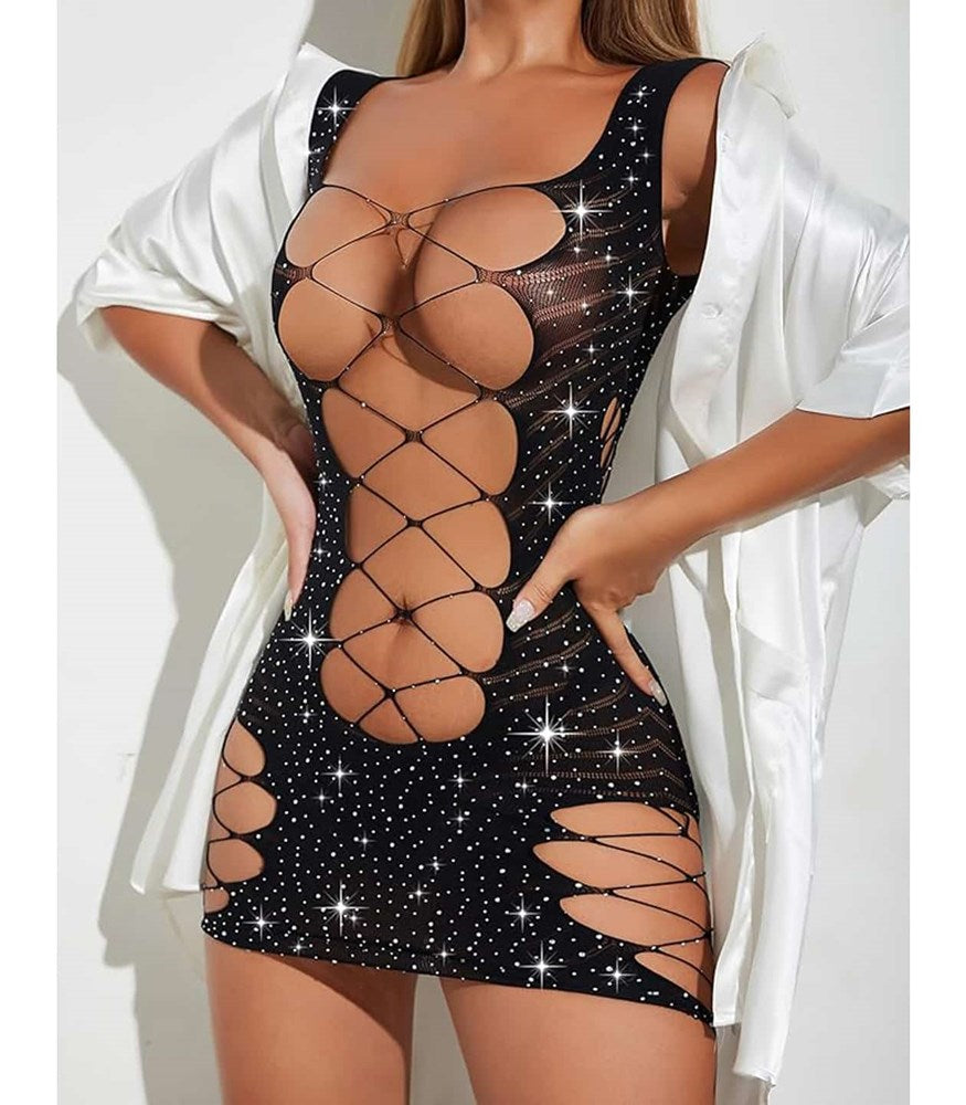 Love In Leather Sexy Womens Rhinestone Sleeveless Dress Stretch Knit - - BabyDolls And Chemises