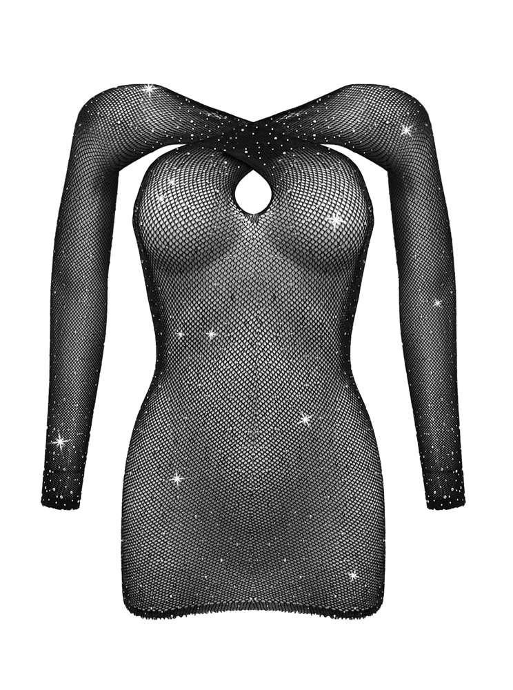 Love In Leather Long Sleeve Womens Rhinestone Dress Stretch Knit Sparkle - Black - Body Stockings