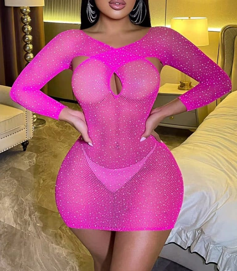 Love In Leather Long Sleeve Womens Rhinestone Dress Stretch Knit Sparkle - Hot Pink - Body Stockings
