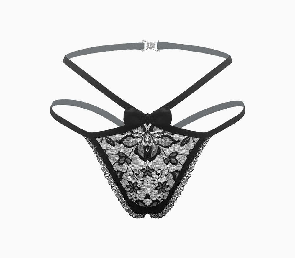 Love In Leather Full Lace G String Crotchless Panties OS with Open Access - Black - G-Strings, Panties and Shorts