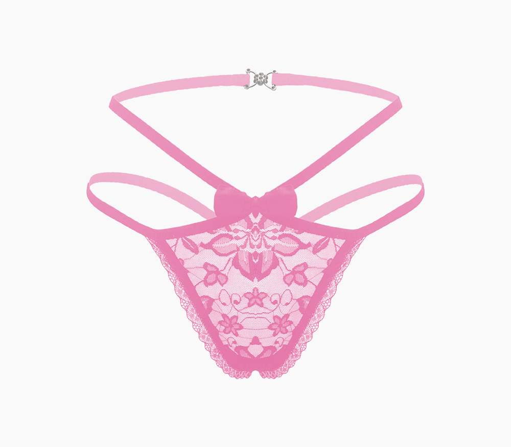 Love In Leather Full Lace G String Crotchless Panties OS with Open Access - Baby Pink - G-Strings, Panties and Shorts