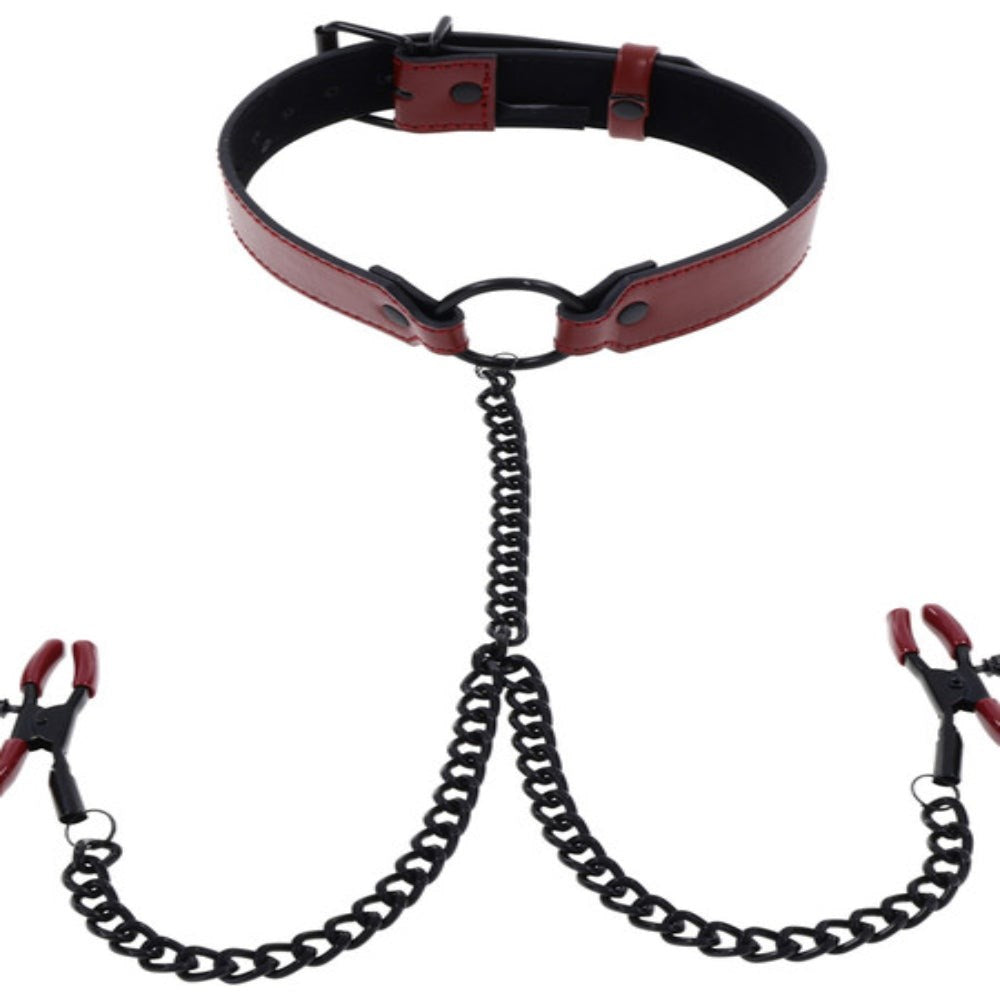 Sportsheets Saffron Bondage Collar with Nipple Clamps Adjustable Pressure - - Nipple and Clit Clamps