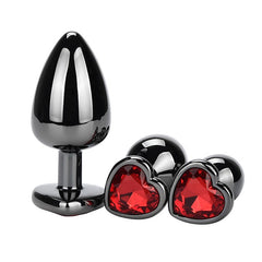Heart Jeweled Black Stainless Steel Butt Plug Small - Red - Butt Plugs