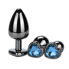 Heart Jeweled Black Stainless Steel Butt Plug Small - Light Blue - Butt Plugs