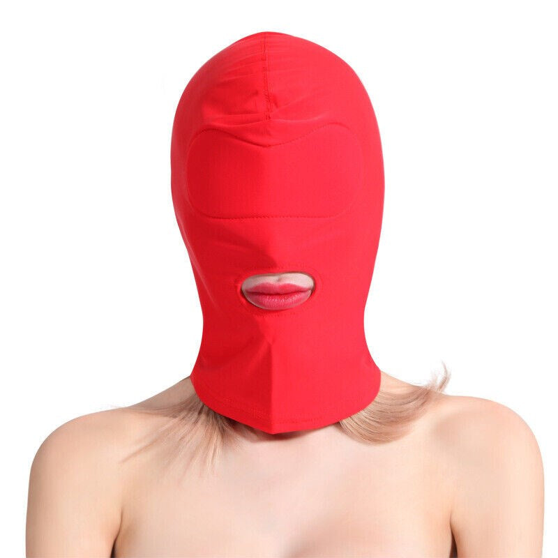 Spandex Open Mouth Hood With Padded Blindfold - Red - Bondage Hoods