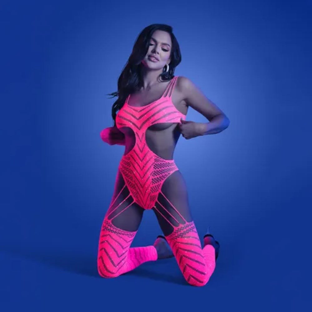 Fantasy Lingerie Radiant Rhinestone Glow Bodystocking Neon Pink - - Body Stockings