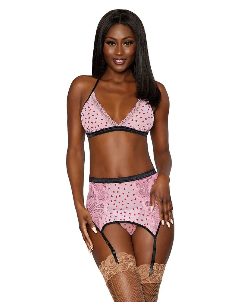 Dream Girl Lingerie Flocked Heart Bralette Garter Belt G String Set - - Bras and Bra Sets