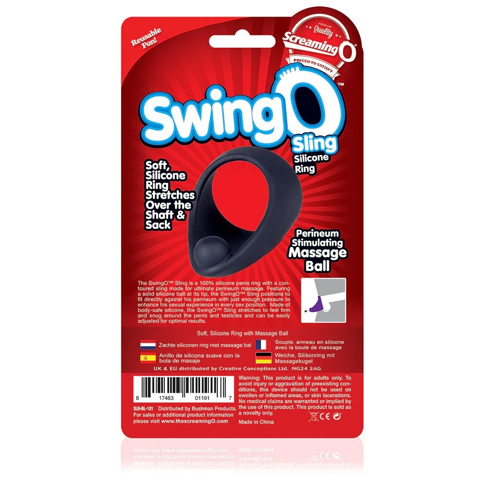 Screaming O SwingO Sling Stretchy Silicone Cock Ring Black with Perineum Ball - - Stretchy Cock Rings