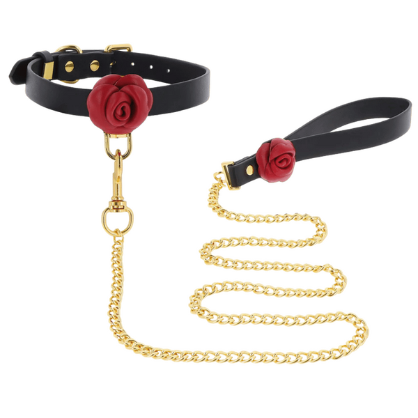 Scala Taboom Wild Roses Fetish Collar and Leash - Black - Collars and Leads