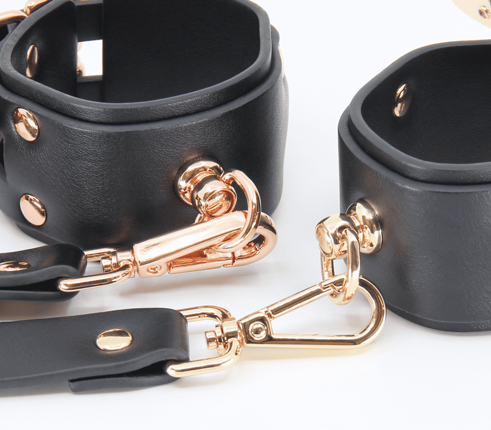 Love In Leather Double Straps Bondage Cuffs - Gold - Cuffs And Restraints