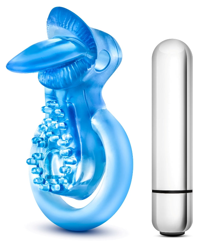 Stay Hard 10 Function Vibrating Tongue Cock Ring Blue - - Cock Rings