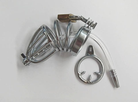BDStyle Chastity Device with Cock Ring and Catheter Tube Stainless Steel - Male Chastity
