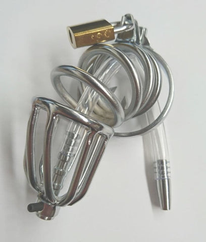 BDStyle Chastity Device with Cock Ring and Catheter Tube Stainless Steel - Male Chastity