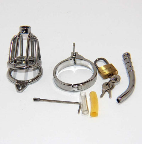 BDStyle Locked In Pee Thru Steel Male Chastity Cage with Urethral Tube - Male Chastity
