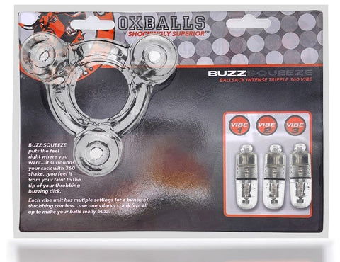 Oxballs Buzz Squeeze Vibrating Ball Stretcher with Three Bullet Vibes - Cock Rings