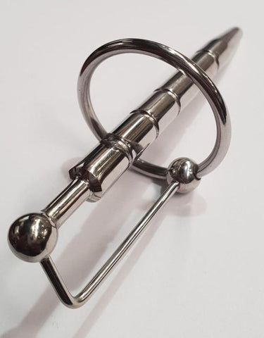 Hells Couture Penis Plug with Glans Ring Ribbed Medical Grade Steel - Penis Plugs