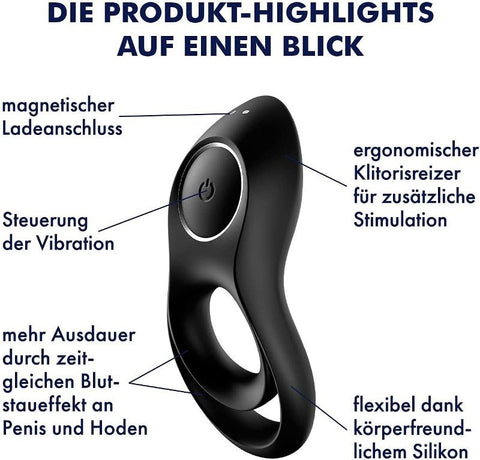 Satisfyer Legendary Duo Vibrating Silicone Cock Ring Black - Ball and Cock Toys