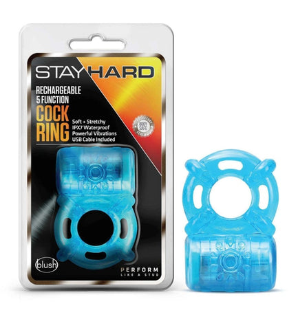 Blush Novelties Stay Hard Rechargeable 5 Function Cock Ring with 5 Vibration - Vibrating Cock Rings
