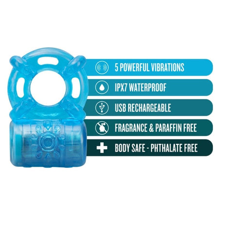 Blush Novelties Stay Hard Rechargeable 5 Function Cock Ring with 5 Vibration - Vibrating Cock Rings