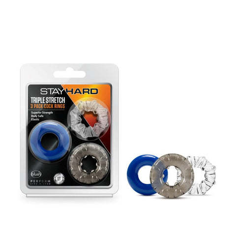 Blush Novelties Stay Hard Triple Stretch 3 Pack Mens Cock Rings with TPE - Cock Ring Sets