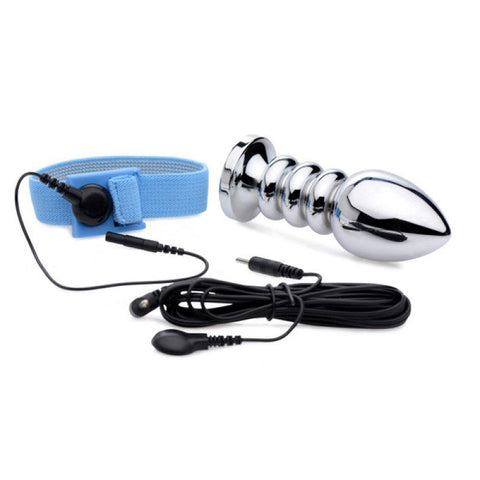 BDStyle Uni Polar E Stim Cock and Ball Strap with Ribbed Steel Anal Plug - Cock Rings