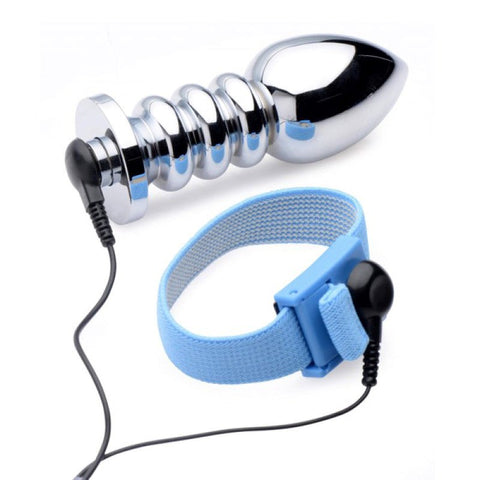 BDStyle Uni Polar E Stim Cock and Ball Strap with Ribbed Steel Anal Plug - Cock Rings