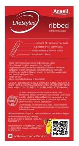 Ansell Lifestyle Ribbed Condoms 12 Pack Enhanced Texture and Protection - Condoms