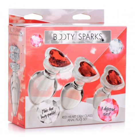 Booty Sparks Red Heart Gem Glass Anal Plug Set - Butt Plugs