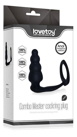 Combo Master Cockring Plug Black - Stretchy Cock Rings
