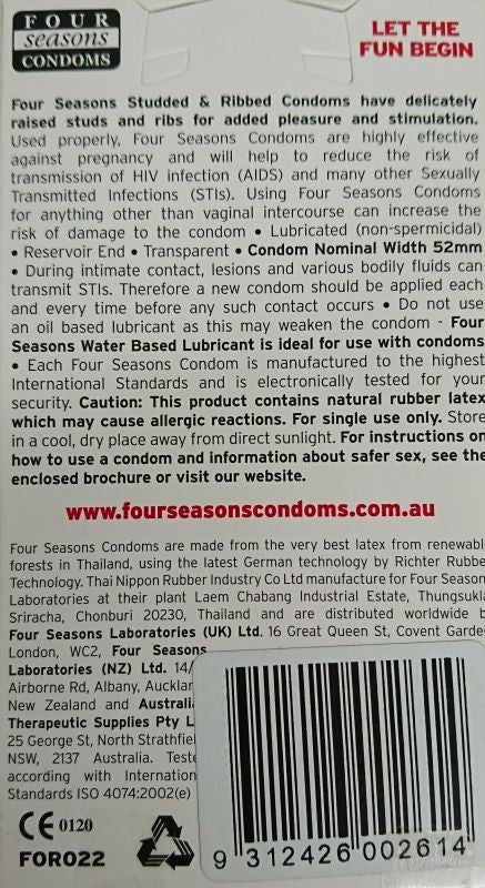 Four Seasons Studded & Ribbed Condoms CRing for Every Man - - Condoms