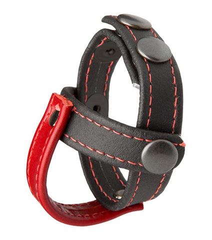 Doc Johnson Kink Cock and Balls Sub Presenter Black Red Leather Cage - Stretchy Cock Rings