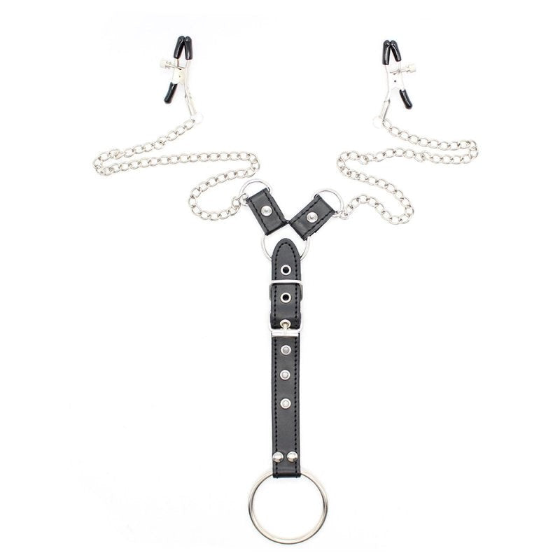 XR Brands Penitentiary Nipple Clamps and Cock Ring Set with Adjustable Pressure - - Nipple and Clit Clamps