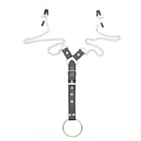 XR Brands Penitentiary Nipple Clamps and Cock Ring Set with Adjustable Pressure - Nipple and Clit Clamps