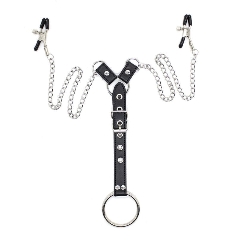 XR Brands Penitentiary Nipple Clamps and Cock Ring Set with Adjustable Pressure - - Nipple and Clit Clamps