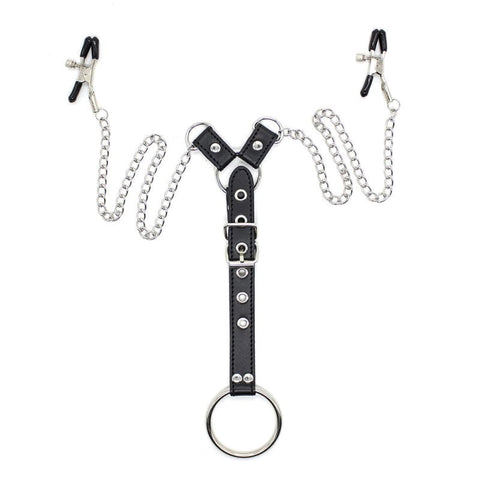 XR Brands Penitentiary Nipple Clamps and Cock Ring Set with Adjustable Pressure - Nipple and Clit Clamps