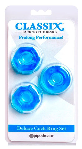 Pipedream Classix Deluxe Stretchy Cock Ring Set Blue Three Size Options - Cock Rings