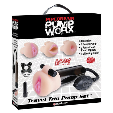 Pump Worx Travel Trio Male Penis Pump Kit with Three Fanta Flesh Sleeves - Pumps, Extenders and Sleeves