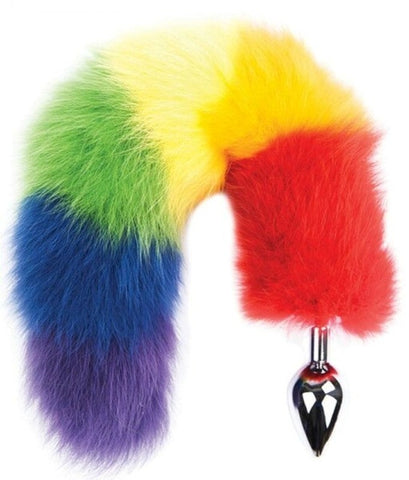 Hott Products Rainbow Foxy Tail Butt Plug Stainless Steel with Rainbow Fur - Butt Plugs