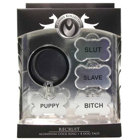 XR Brands Recruit Aluminum Cock Ring With 4 Dog Tags 2 Inch Diameter - Cock Rings