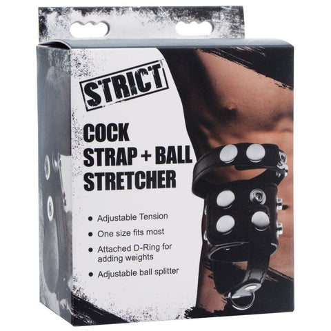 XR Brands Strict Cock Strap And Ball Stretcher Black with Adjustable Fit - Cock Rings