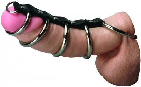 XR Brands Gates of Hell 5 Ring Steel Cock Ring Set with Leather Strap - Cock Rings