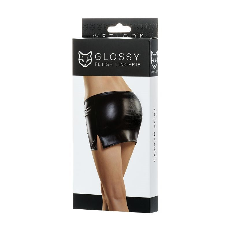 Glossy Wetlook Womens Sexy Mini Skirt Camren XL with Side Cut Details - Black - Her Fetish