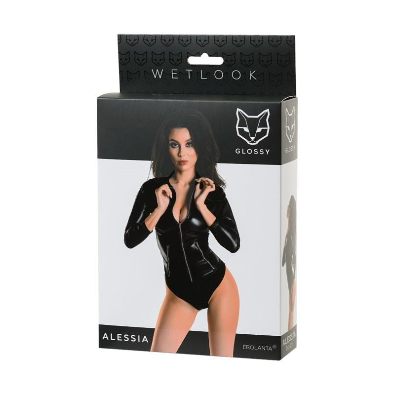 Glossy Wetlook Womens Bodysuit With Zip Alessia Large Premium Stretch Fabric - - Teddies and Bodysuits