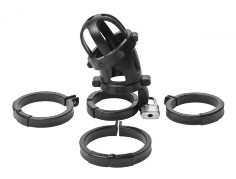 XR Brands The Chamber Locking Chastity Cage with Multiple Ring Sizes - Cock Rings