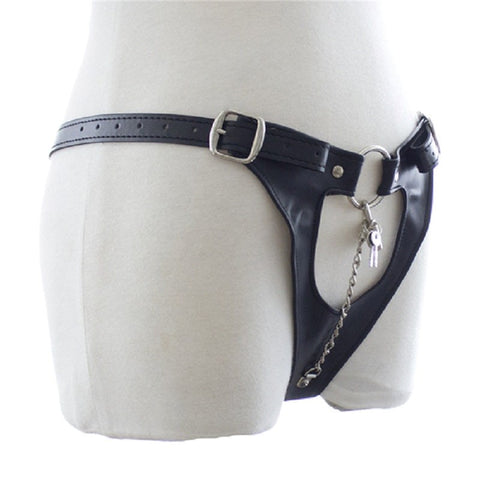 BDStyle Womens Leather Chastity Thong with Lockable Chain - Male Chastity