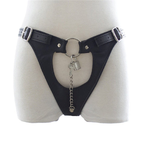BDStyle Womens Leather Chastity Thong with Lockable Chain - Male Chastity