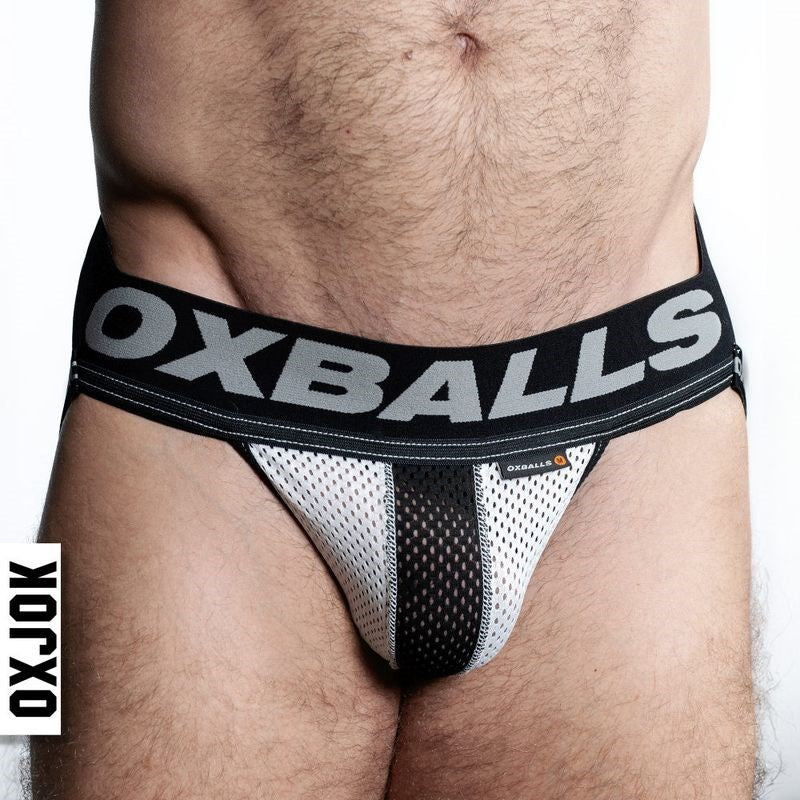 OxBalls Airmesh Swagger Mens Jockstrap Ice White with Cock Ring Enhancement - Large - Jocks and G-Strings