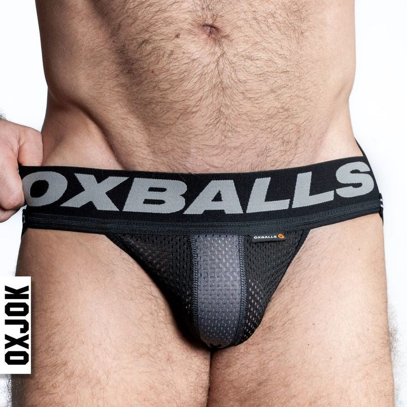 OxBalls Airmesh Swagger Sexy Mens Jockstrap Tar Black with Cock Ring - Jocks and G-Strings